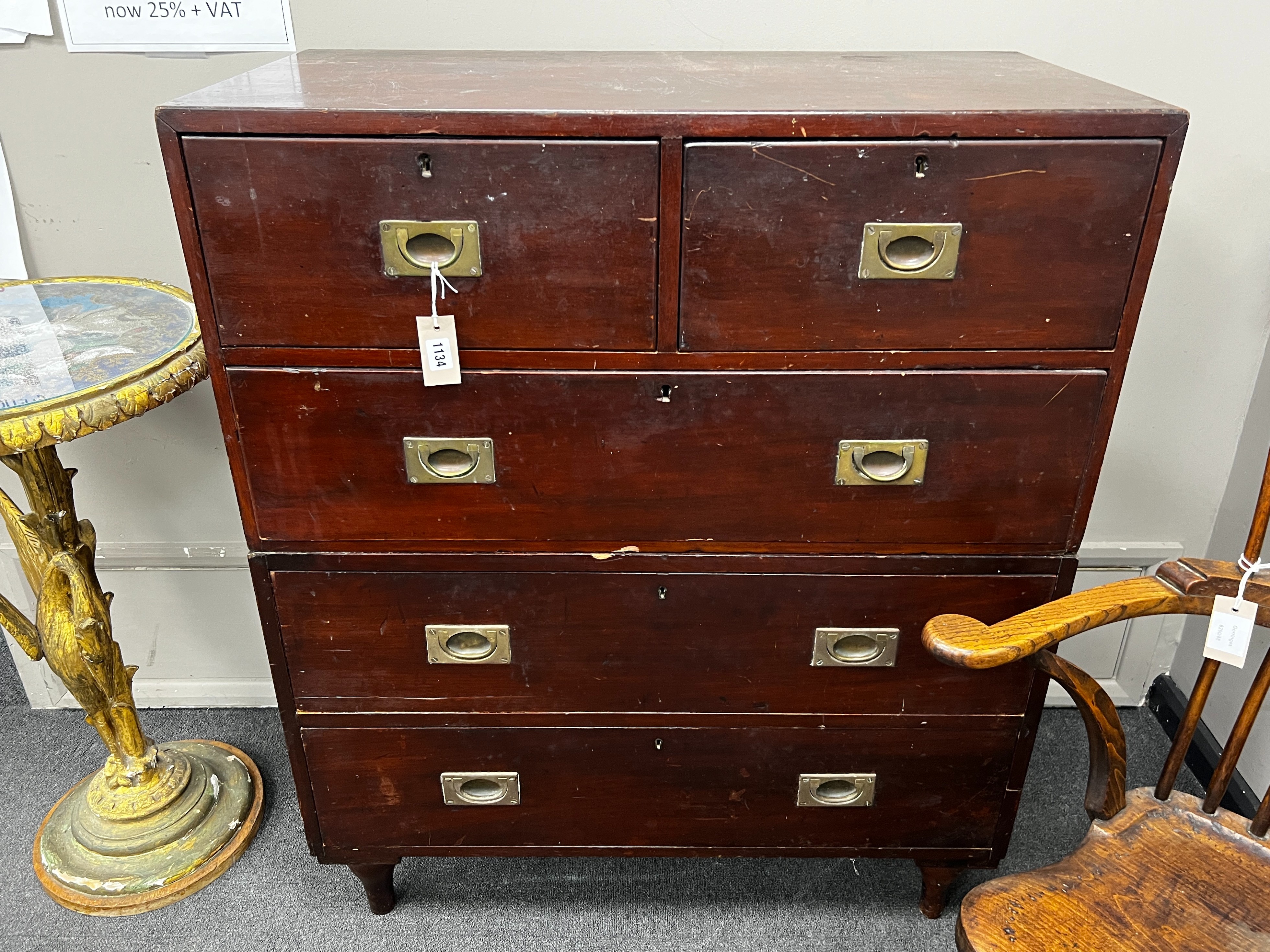 A Victorian mahogany two part campaign chest of two short and three long drawers, width 91cm, depth 47cm, height 112cm